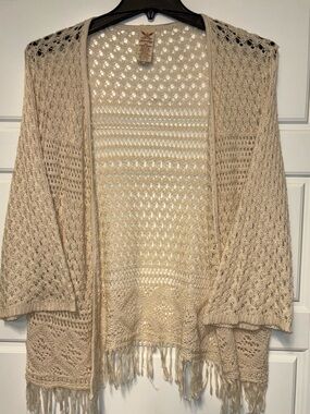 Faded Glory Cream Open-Knit Fringe Poncho Sweater
